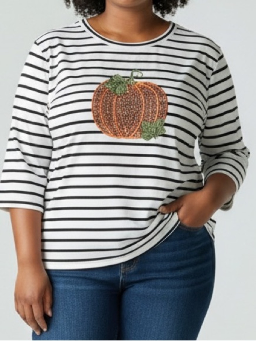 Style Infusion 2X Striped Long-Sleeve Tee with Pumpkin Embellishment